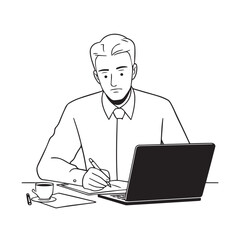 Black and white line art of a hardworking man at office desk with laptop and documents minimalist illustration