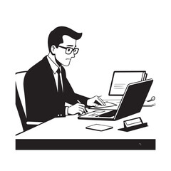 Black and white line art of a hardworking man at office desk with laptop and documents minimalist illustration