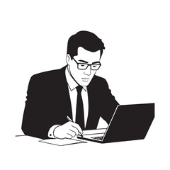 Black and white line art of a hardworking man at office desk with laptop and documents minimalist illustration