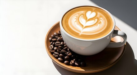 A modern cup of coffee with coffee concept decoration, clean background