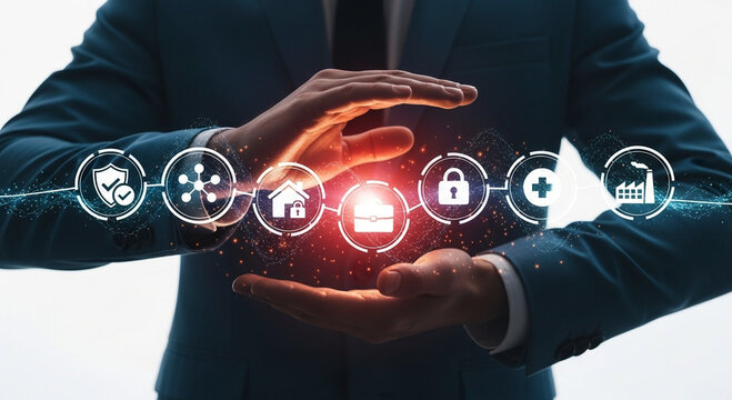 Photo of a businessman in a suit holds his hands out, displaying a glowing network of icons representing security, connectivity, home, business, health, and industry - Powered by Adobe