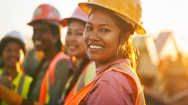 Professional portrait of a diverse, multiethnic team of female construction workers, showcasing inclusive representation of tradeswomen, with copy space