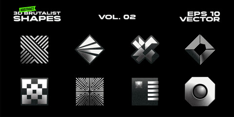 Abstract Brutalist 3D Logo Shapes Set. Postmodern Geometry Distorted Vector Brutal y2k Symbols. Trendy Futuristic Graphic Design Elements. Minimal Retro Modernist Aesthetics Geometric Emblem Icons