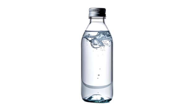 A partially-filled clear glass bottle with a silver cap, showing water with small bubbles