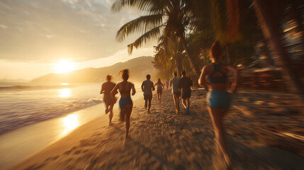 People jogging on tropical beach at sunrise, motion blur effect, fitness and healthy lifestyle