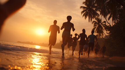 Silhouettes running on tropical beach at sunrise, low angle view, fitness and healthy lifestyle