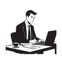 Black and white line art of a hardworking man at office desk with laptop and documents minimalist illustration