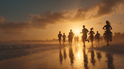 Group of people running on wet tropical beach at sunrise, silhouettes and reflections, fitness lifestyle