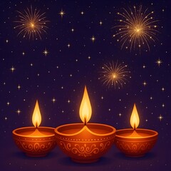 Deep purple background with stars, diyas, and sparkling fireworks diwali background.