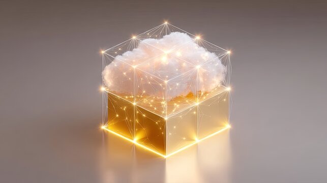 Abstract representation of cloud computing and digital technology with glowing cube and fluffy cloud elements