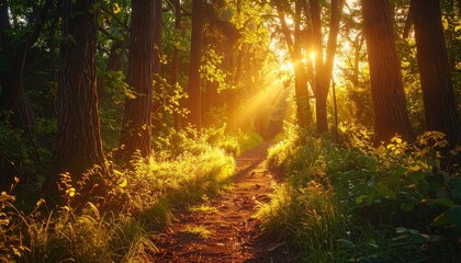 Obraz premium Sunlight Through Green Forest Trees Pathway Illuminated by Golden Rays Macro Photography