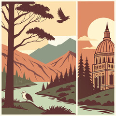 Fototapeta premium Retro travel poster vector illustration with nature and building