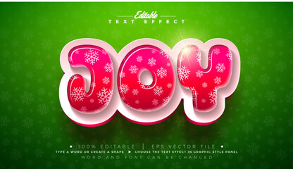 Joy Christmas Editable Text Effect Design Vector Graphic Style with Red 3D Snowflake Pattern Candy Typography Lettering on Green Background. Winter Xmas Holiday Scalable Illustration Template for Gree