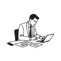 Black and white line art of a hardworking man at office desk with laptop and documents minimalist illustration