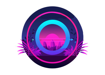 Circular Electrowave Popwave Fluorecent Neon Circle in Darksynth Spacewave Jungle Background.Electrowave Popwave Fluorecent Neon Circle in Darksynth Spacewave Jungle Background