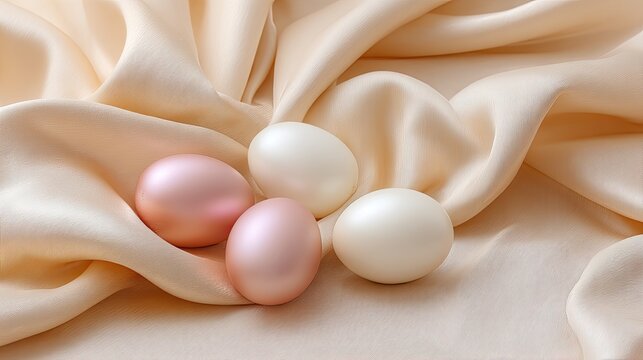 Elegant Composition of Pastel Colored Eggs on Soft Fabric Background for Seasonal Celebrations and Decor