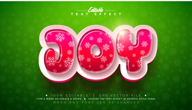 Joy Christmas Editable Text Effect Design Vector Graphic Style with Red 3D Snowflake Pattern Candy Typography Lettering on Green Background. Winter Xmas Holiday Scalable Illustration Template for Gree