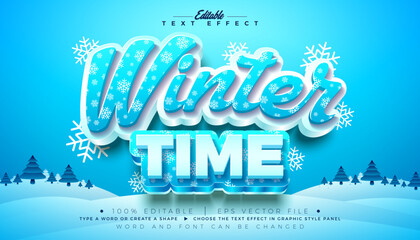 Winter Time 3D Text Effect Design Editable Vector Graphic Style with Cold Blue and White Snowflake Pattern Typography Lettering on Snowy Background. Scalable Winter Holiday Illustration Template for G