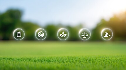 Icons Representing Sustainability, Environment, Law, and Growth with Blurred Natural Background in Soft Light