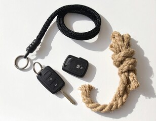  Lay of Rope Accessories and Car Keys on White Background