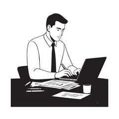 Black and white line art of a hardworking man at office desk with laptop and documents minimalist illustration