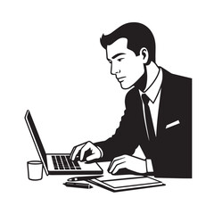Black and white line art of a hardworking man at office desk with laptop and documents minimalist illustration