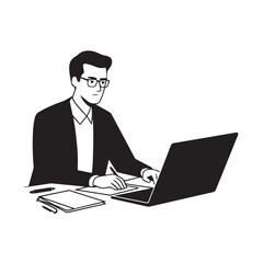Black and white line art of a hardworking man at office desk with laptop and documents minimalist illustration