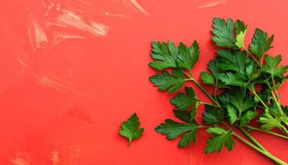 Fresh Parsley Sprigs on Vibrant Red Background.