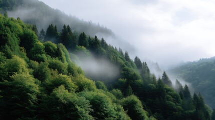 Obraz premium Lush Green Forest Hills Shrouded in Mist During Early Morning with Soft Light and Dramatic Atmosphere