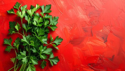 Fresh Parsley Sprigs on Vibrant Red Background Aromatic Herb Still Life.