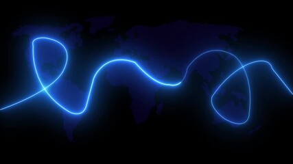 Global business growth neon glowing line and world map background animation 4k. Business, economy, financial services Abstract concept.Seamless loop animation glowing neon lines streaming across. 