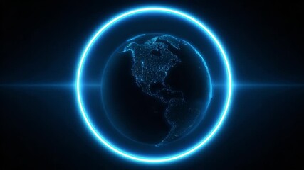 Abstract blue digital particle Earth rotating slowly within a bright neon light ring on a dark background, representing global networks, communication, technology, and a futuristic vision - Powered by Adobe