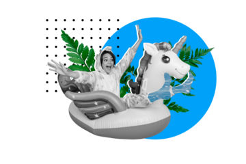 Composite photo collage of funky girl wear pajamas swim unicorn lifebuoy pool party weekend occasion isolated on painted background