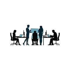 Silhouette of diverse team collaborating in a modern office working on computers and projects.