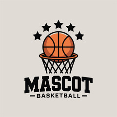 Vector art of basketball mascot logo with stars and text mascot basketball on a light gray background, representing sports and competition