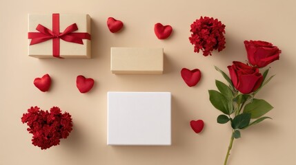 Obraz premium Festive Gift Arrangement with Red Roses, Heart Shapes, and Colorful Flowers on a Beige Background for Special Occasions