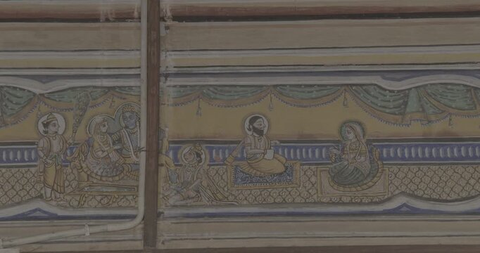 Frescoes Decoration On Wall Of Hanuman Temple In Jaipur, India. Ungraded C LOG 2 Religious Motifs From Life Of Hanuman Are Painted. Monkey-like Deity, Son Of Wind God Vayu. Scene Has Rama And Sita On