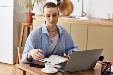 Young handsome man engaged in creative work at home while sipping coffee in a cozy setting