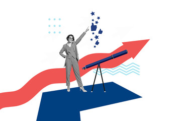 Trend artwork composite collage of office manager trader business young lady leader finger point telescope arrow vision spy copyspace © deagreez