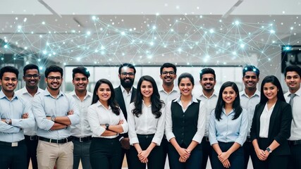 Dynamic diverse team standing together, connected by a high-tech network, representing innovation and global collaboration in the modern workplace - Powered by Adobe