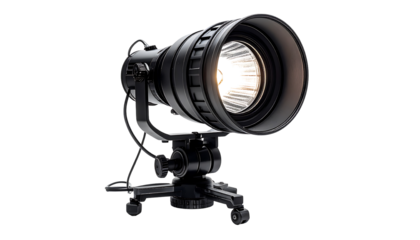 Matte black spotlight with a large reflector, ribbed barrel, and adjustable mounting bracket on a small base
