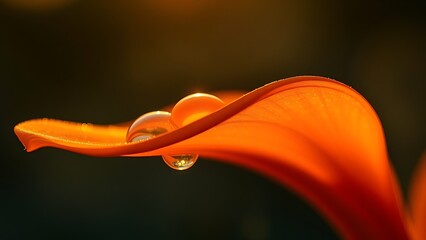 Single orange flower petal with glistening water droplet, backlit by golden hour glow.
