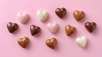 Fototapeta premium Assorted Chocolate Hearts on Pink Background Perfect for Romantic Occasions and Celebrations