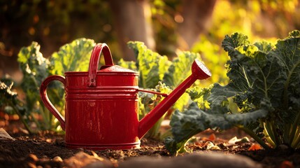 Bright red watering can amidst soil and leafy green plants in a garden