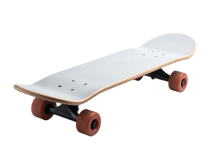 A white skateboard with black trucks and orange wheels, viewed from a slightly elevated angle against a plain background