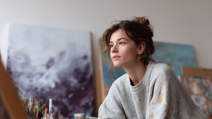A young artist thoughtfully gazes into the distance amidst her artwork. Captures creativity, inspiration,  the artistic process. Perfect for blogs  creative campaigns.