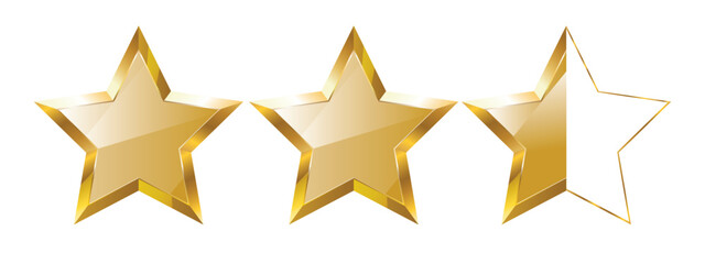 Golden 2.5 star vector icon. Perfect for average customer review scores, hotel feedback, user ratings, apps, services, and performance.