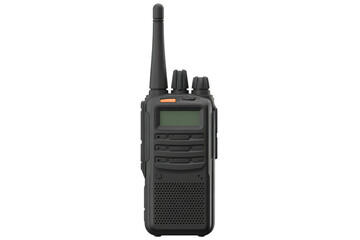 Portable two-way radio communicator handheld device with antenna and buttons for outdoor use isolated on transparent background