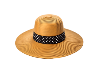 Straw sun hat with polka dot ribbon isolated on transparent background