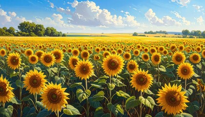 Fototapeta premium Vibrant Sunflower Field Under Blue Sky with Clouds Rural Landscape Golden Yellow Blooms Farm Scene Summer Day Agricultural Beauty Sunny Horizon